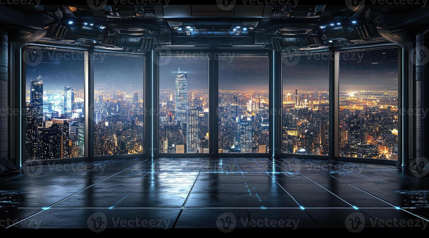 Futuristic city view from a high-tech interior. Vast panoramic window displays a vibrant nighttime cityscape. Sleek, dark interior with modern technology and intricate details photo