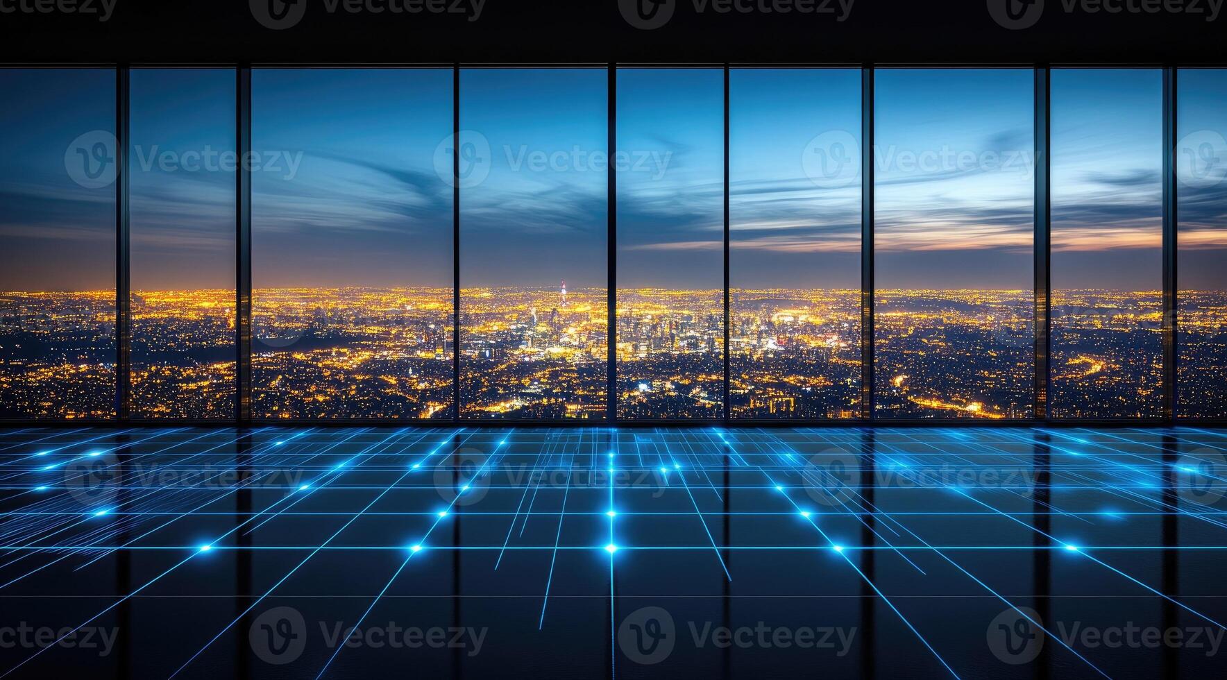 Empty modern office with city lights view. Digital network lines across the floor photo