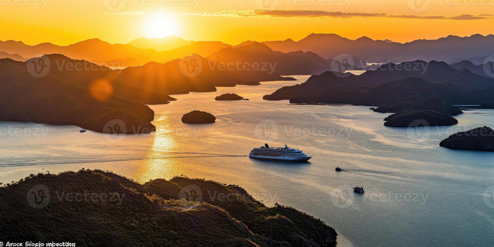 Majestic Sunset Over Islands and Cruise Ship photo