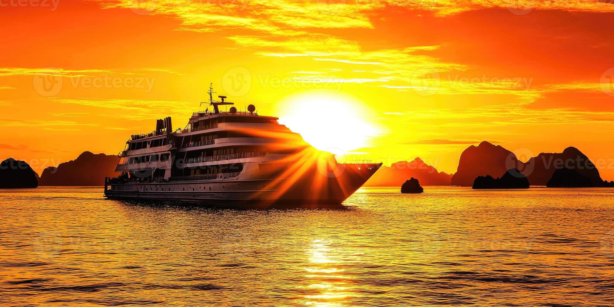 Sunset cruise ship at sea photo