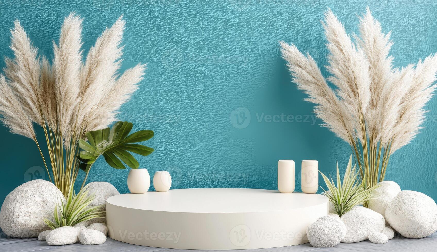 Minimalist, modern product display with pampas grass and stones photo