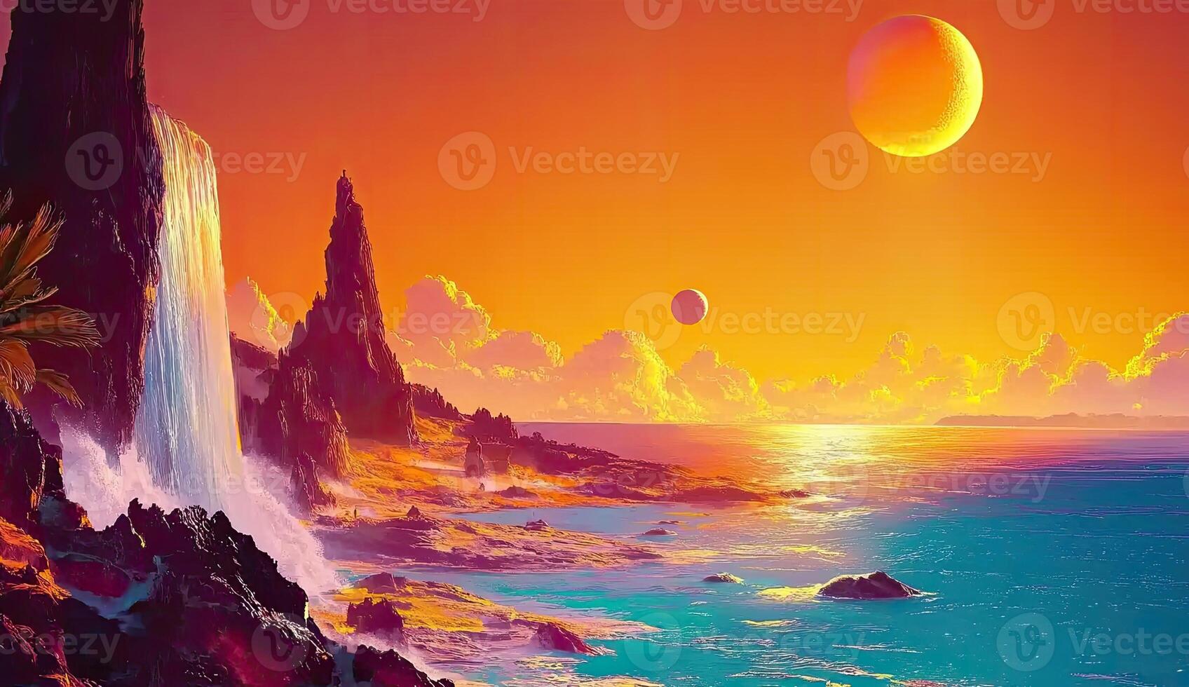 Vivid alien landscape with a cascading waterfall photo