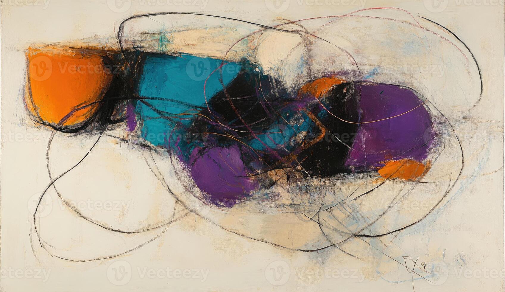 Abstract composition of vibrant, overlapping shapes and gestural lines photo