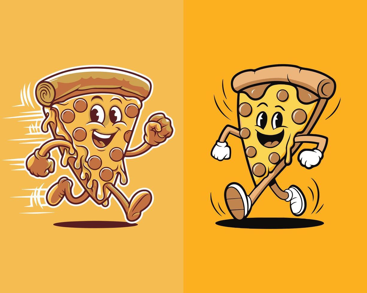 Pizza Logo Victor Set Slice Running with a Smile on Yellow Background vector