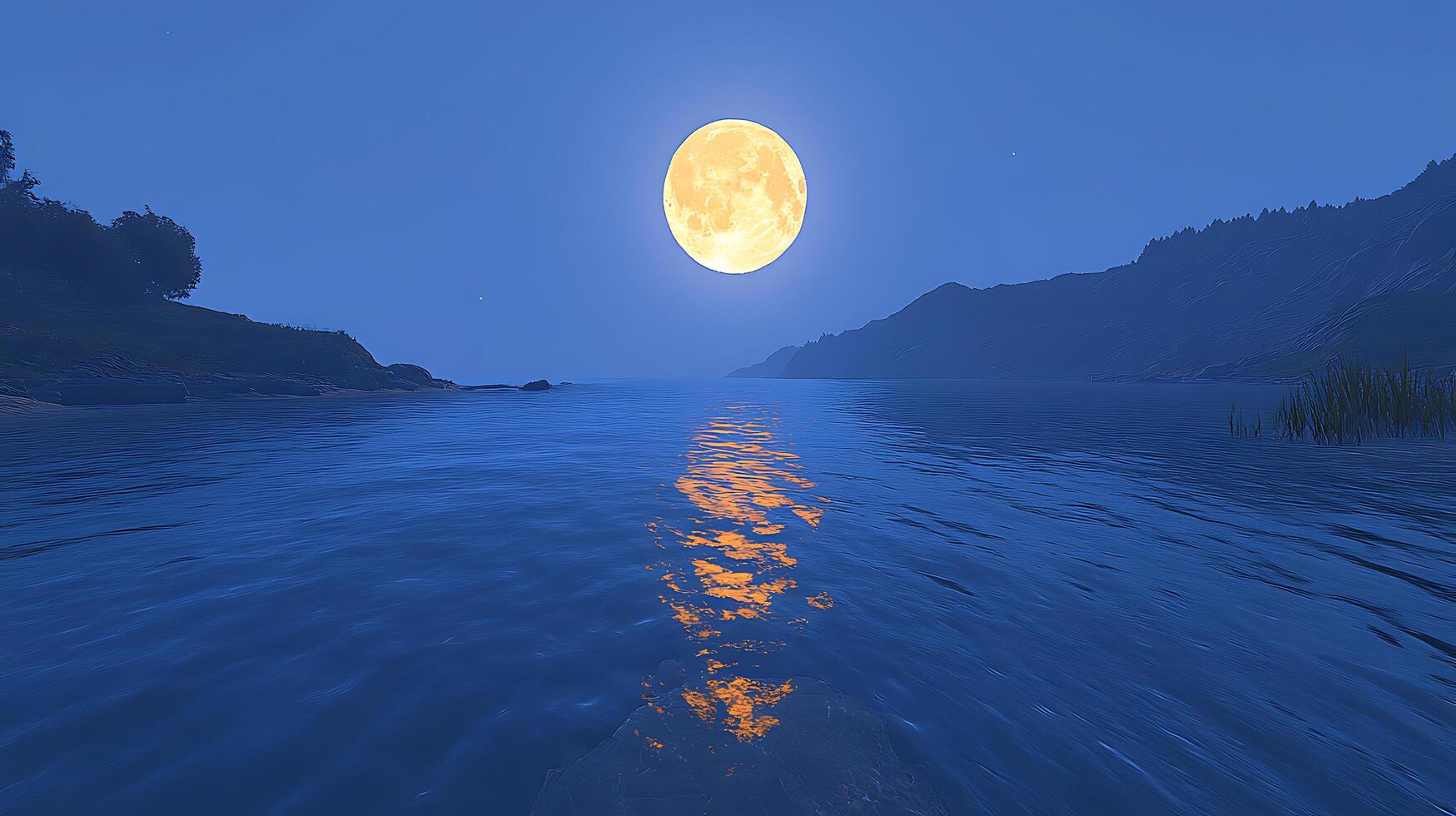 Full Moon Reflection Over Calm Lake Under Starry Night Sky photo