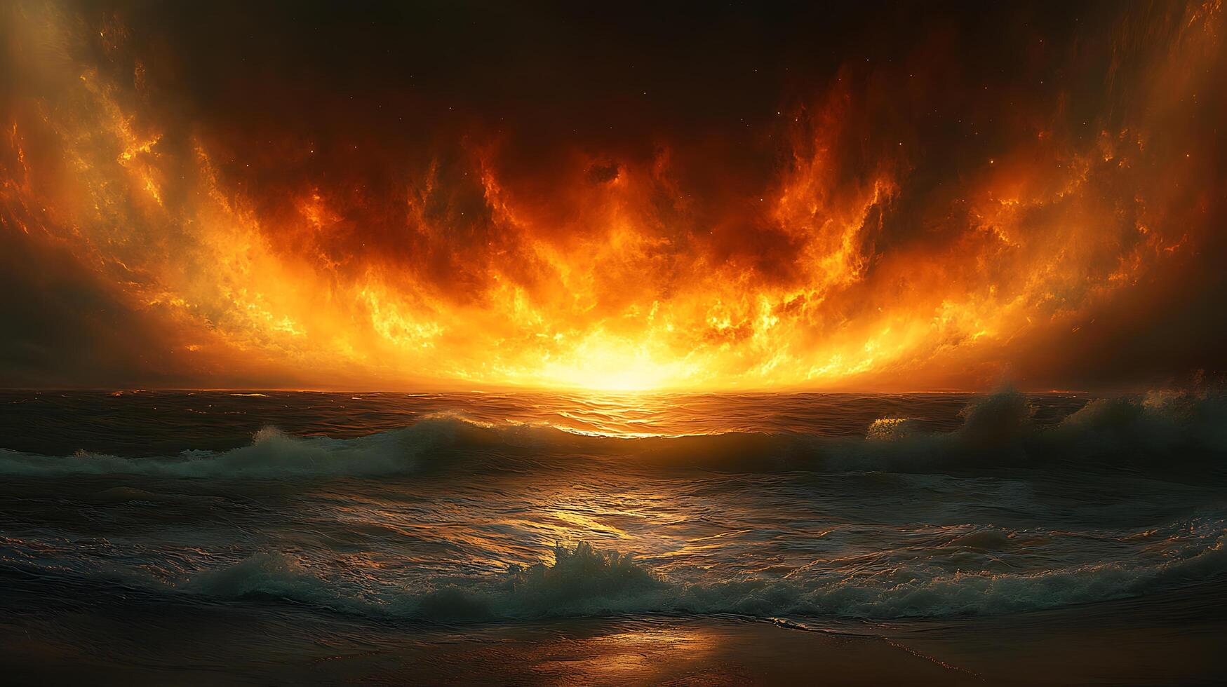 Dramatic Fiery Sky Over an Expansive Ocean at Sunset photo