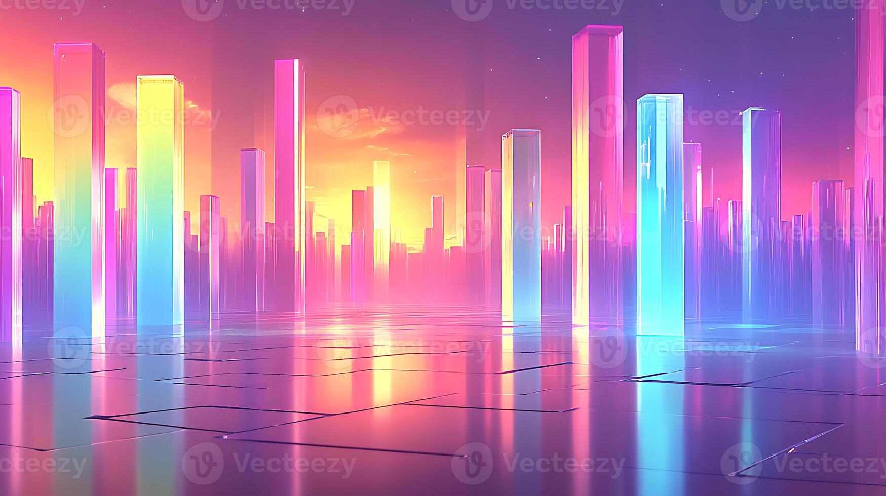 Colorful Futuristic Cityscape with Vibrant Glass Towers and Reflective Surface photo