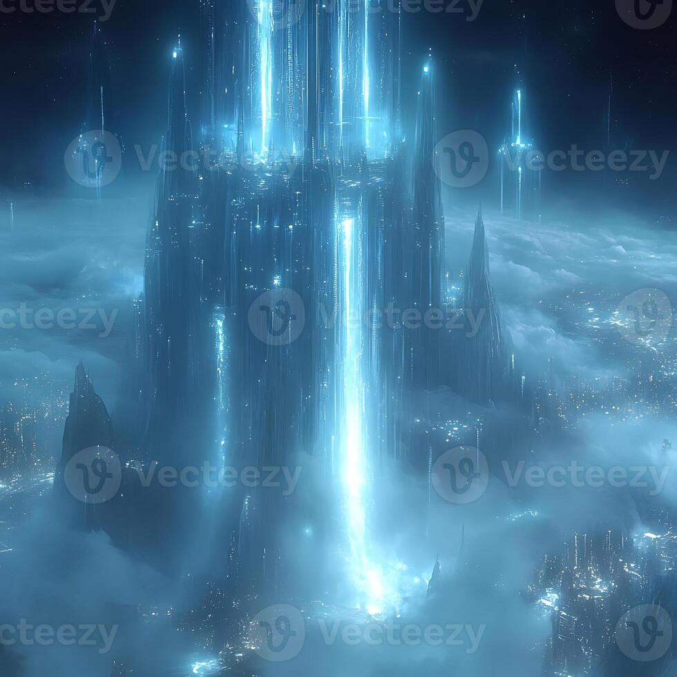 Futuristic City With Towering Light Structures Above The Clouds photo