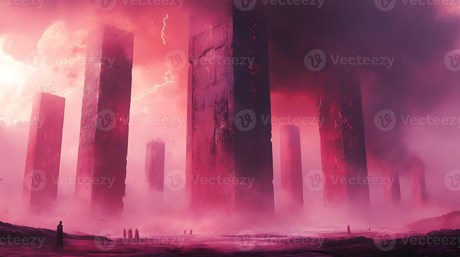 Majestic Crimson Monoliths Emerge in a Mystical and Atmospheric Landscape photo