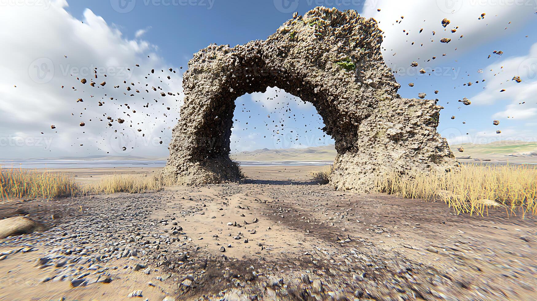 Stone Archway Crumbling in the Vast Desert Under a Bright Blue Sky photo