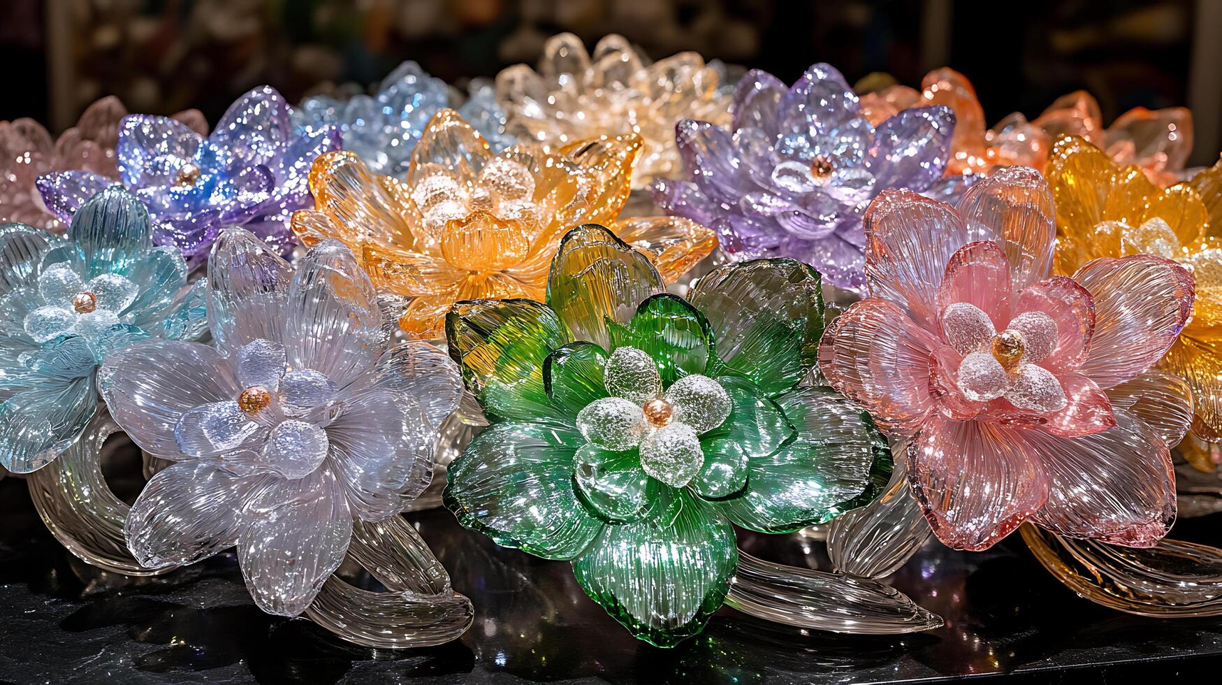 Colorful Glass Flowers in Bloom Creating a Decorative Vibrant Display photo