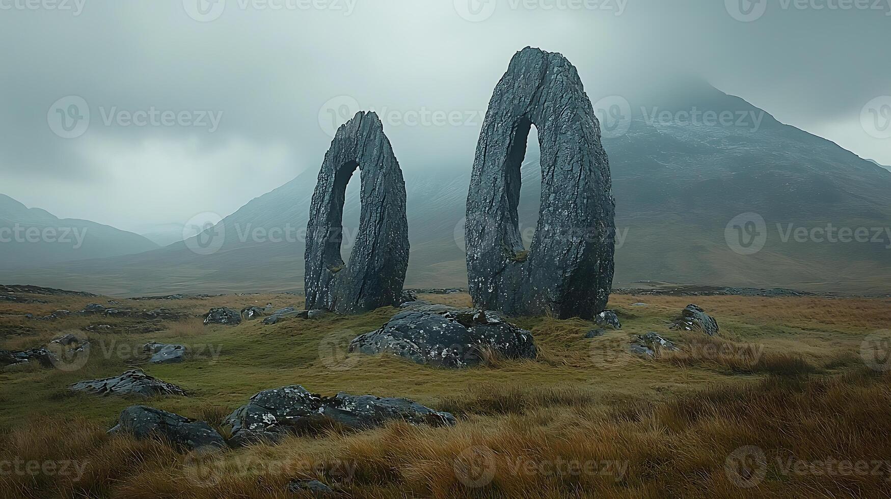 Mysterious Ancient Stone Circles in Misty Mountainous Landscape photo
