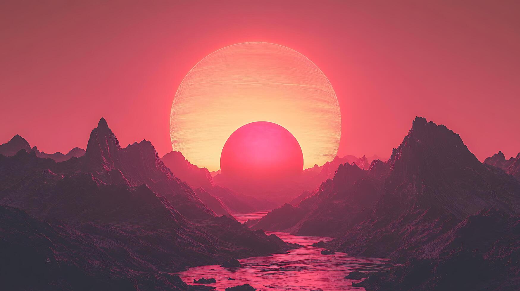 Ethereal Landscape of Twin Suns Over Alien Mountain Ranges photo