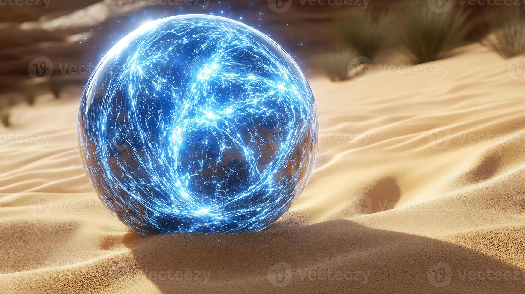 Glowing Blue Orb in a Desert Landscape with Ethereal Light Effects photo