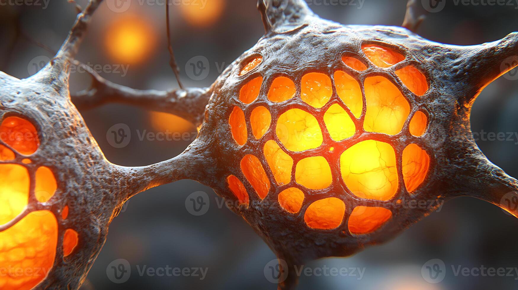 Detailed Close-Up of Glowing Neurons Connected in a Network photo