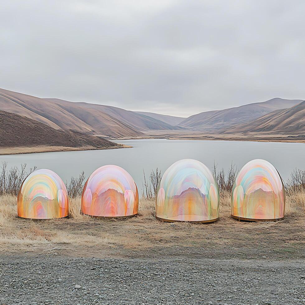 Colorful Transparent Domes in Serene Mountain Landscape by a Tranquil Lake photo