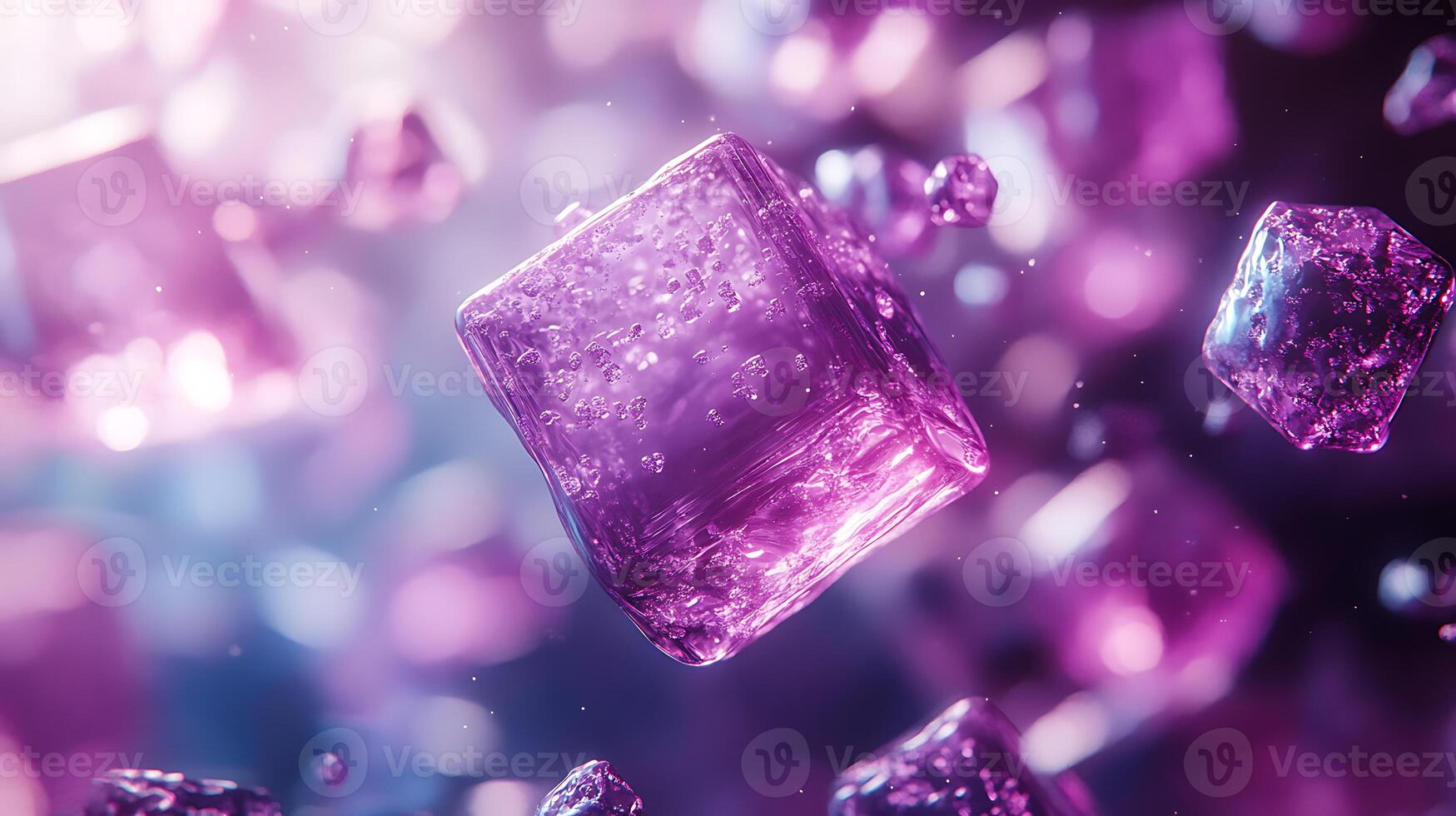 Vibrant Purple Crystal Cubes Floating with Neon Effects in Abstract Space photo