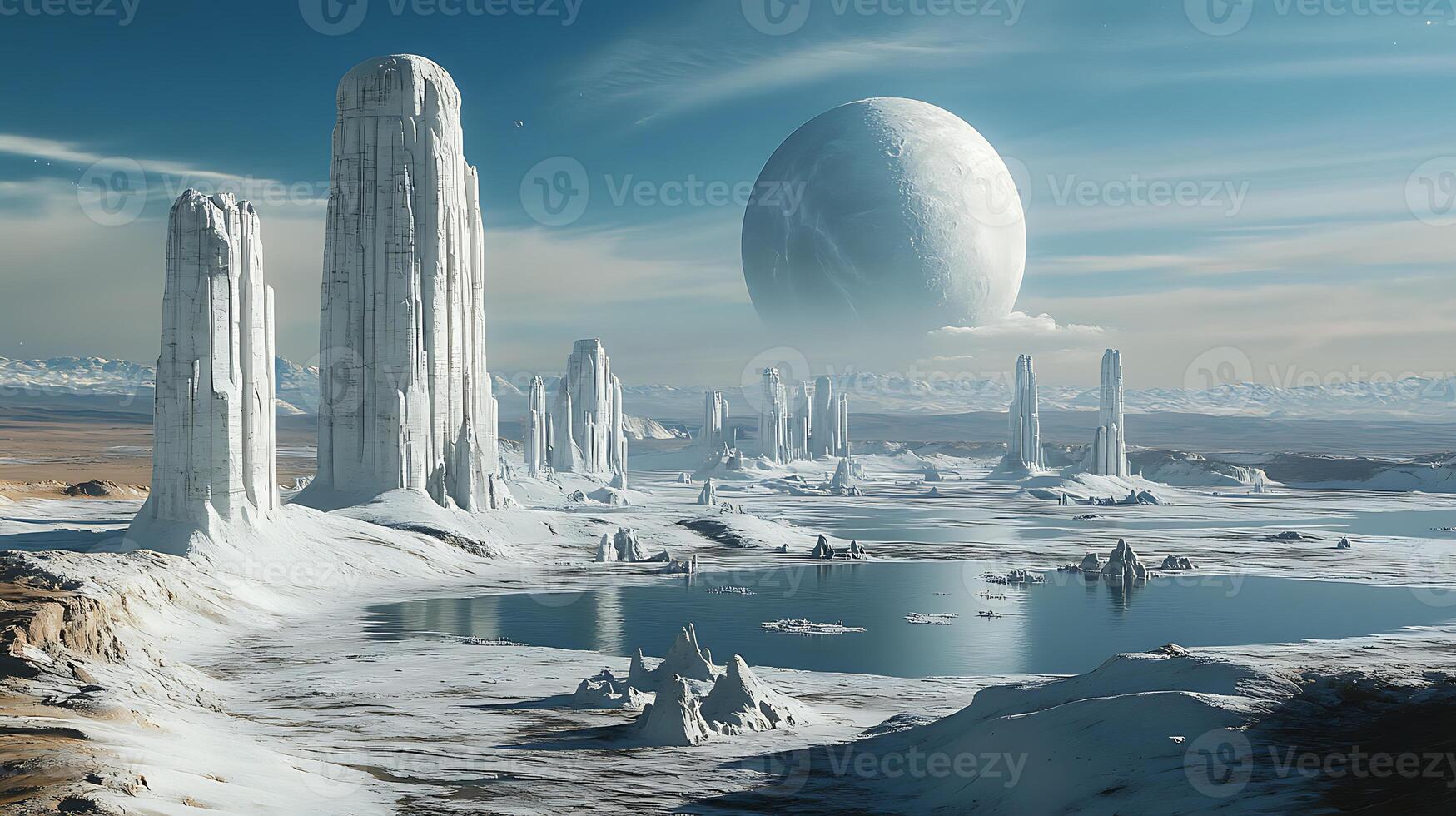 Majestic Frozen Landscape with Towering Ice Structures and Planetary Backdrop photo