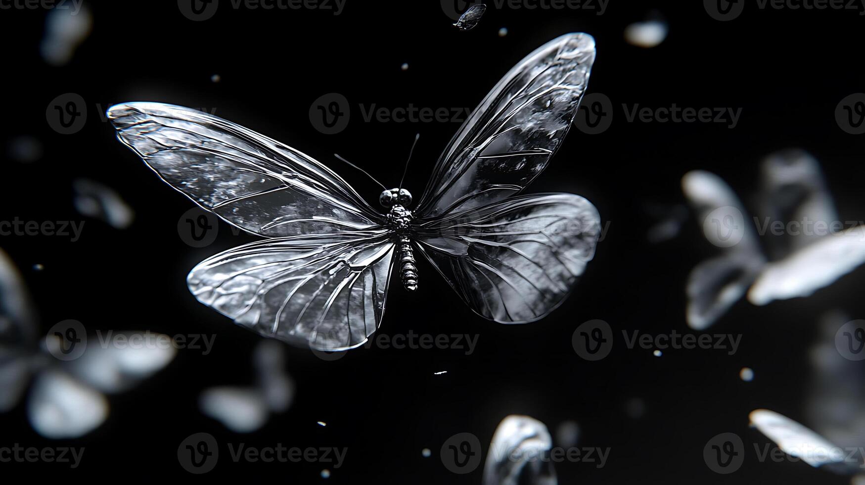 Ethereal Metallic Butterflies Floating Gracefully on a Dramatic Dark Background photo