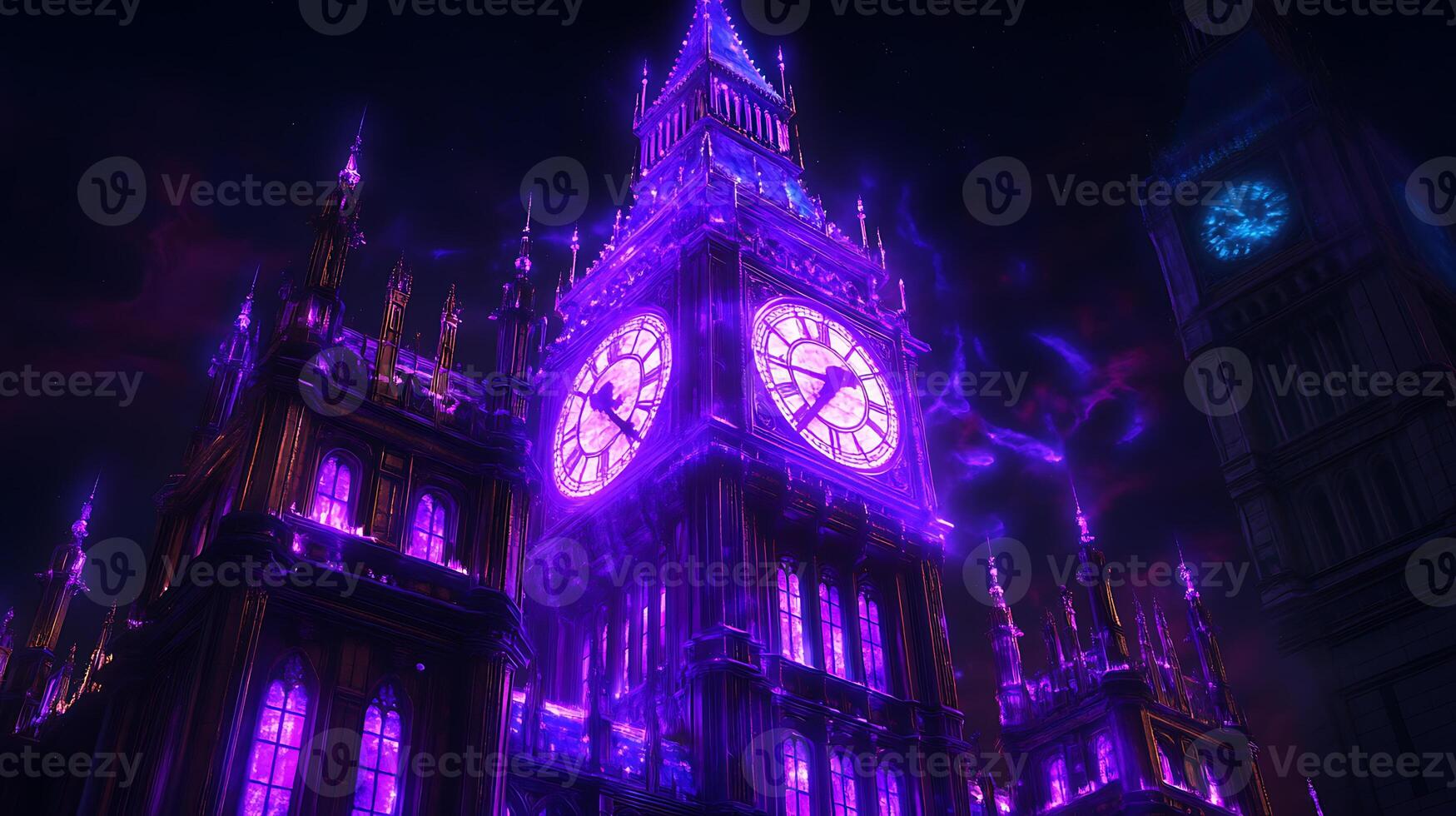 Vivid Neon Clock Tower Illuminated Under a Deep Night Sky photo