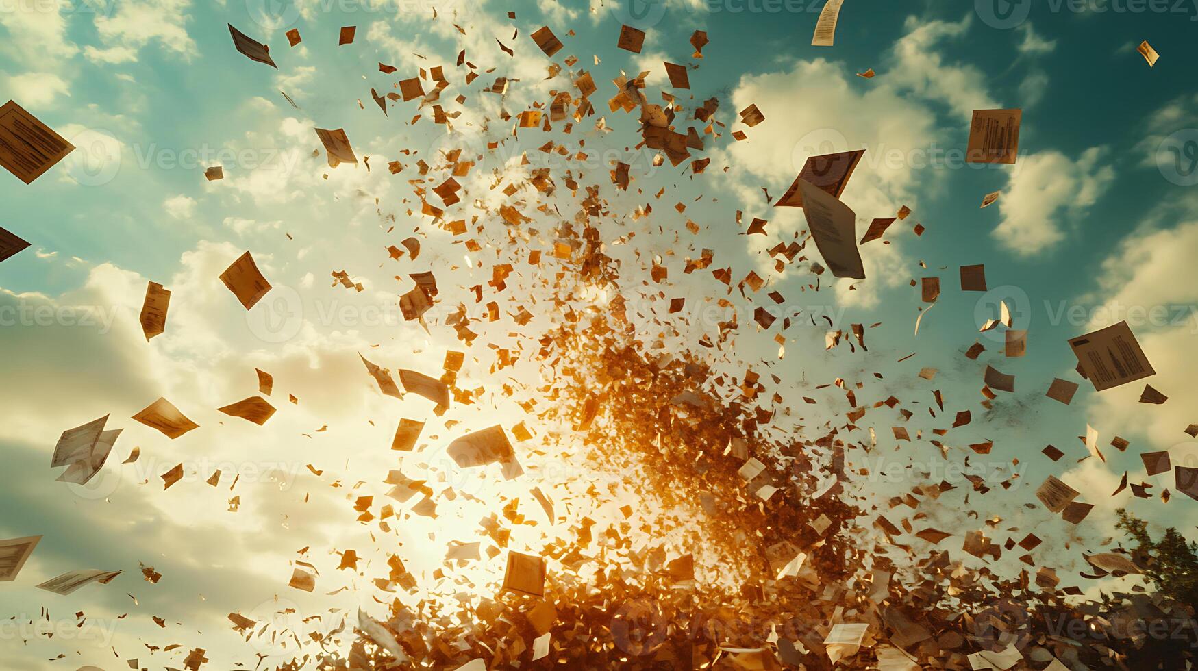 Floating Papers in Dramatic Sunset Sky with Tornado Effect photo