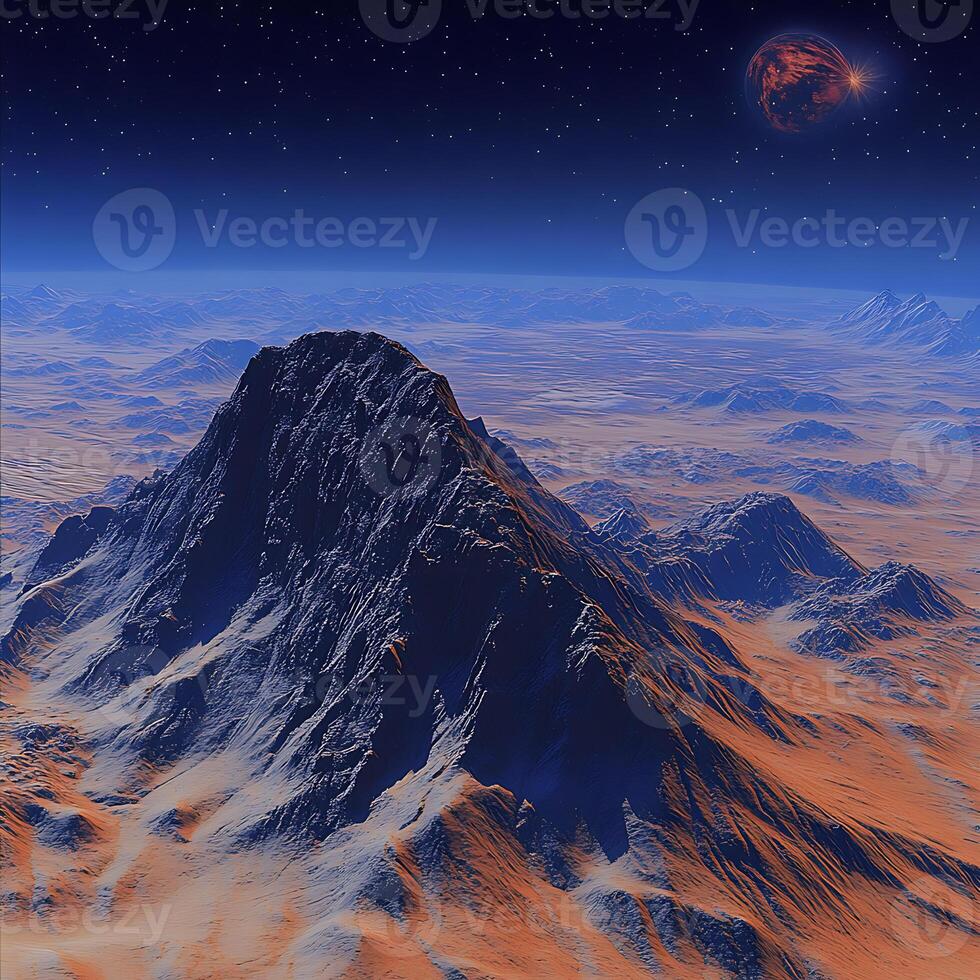 Stunning Alien Landscape with a Mountain Under a Starry Sky photo