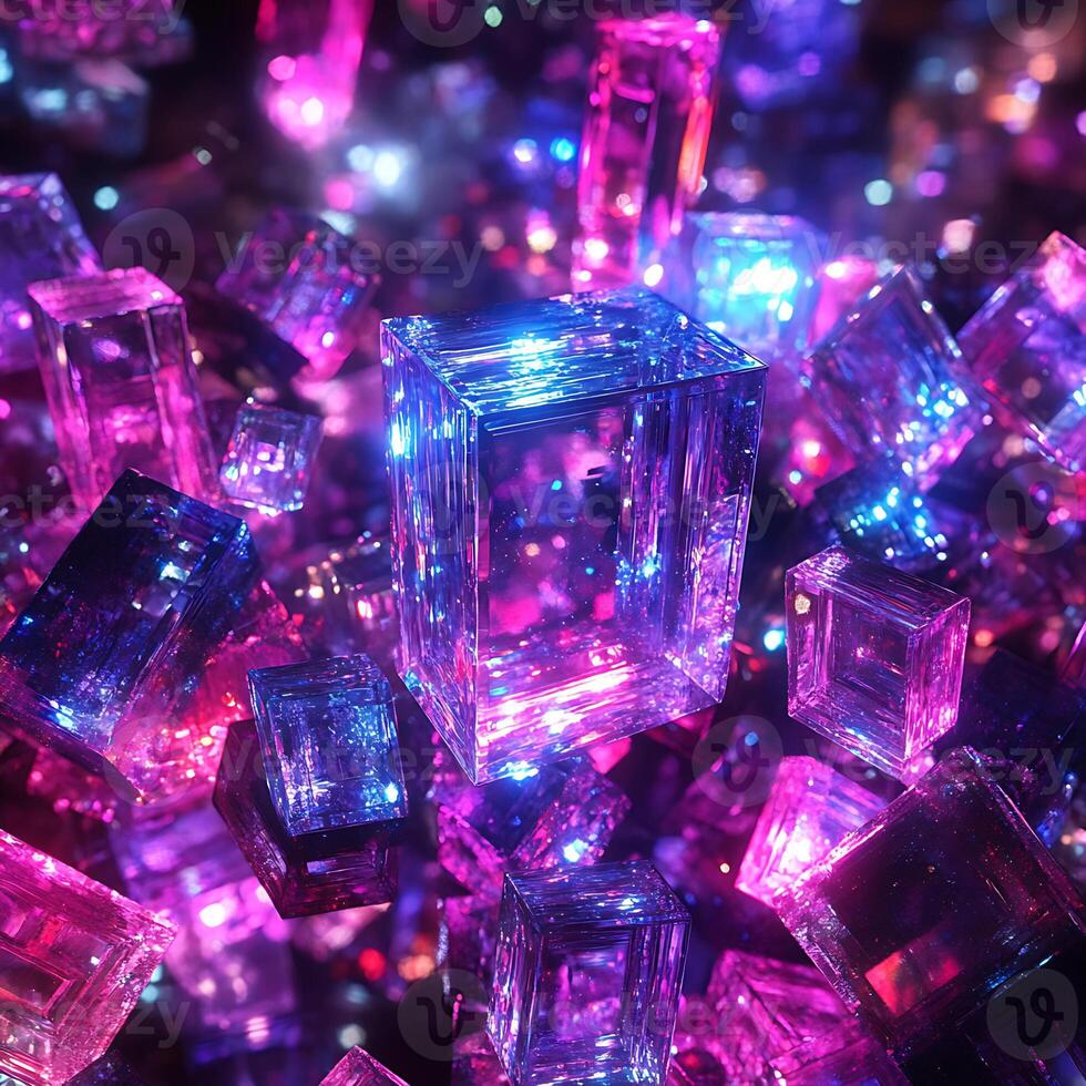 Vibrant Crystal Blocks Illuminated in Mesmerizing Pink and Blue Lighting photo