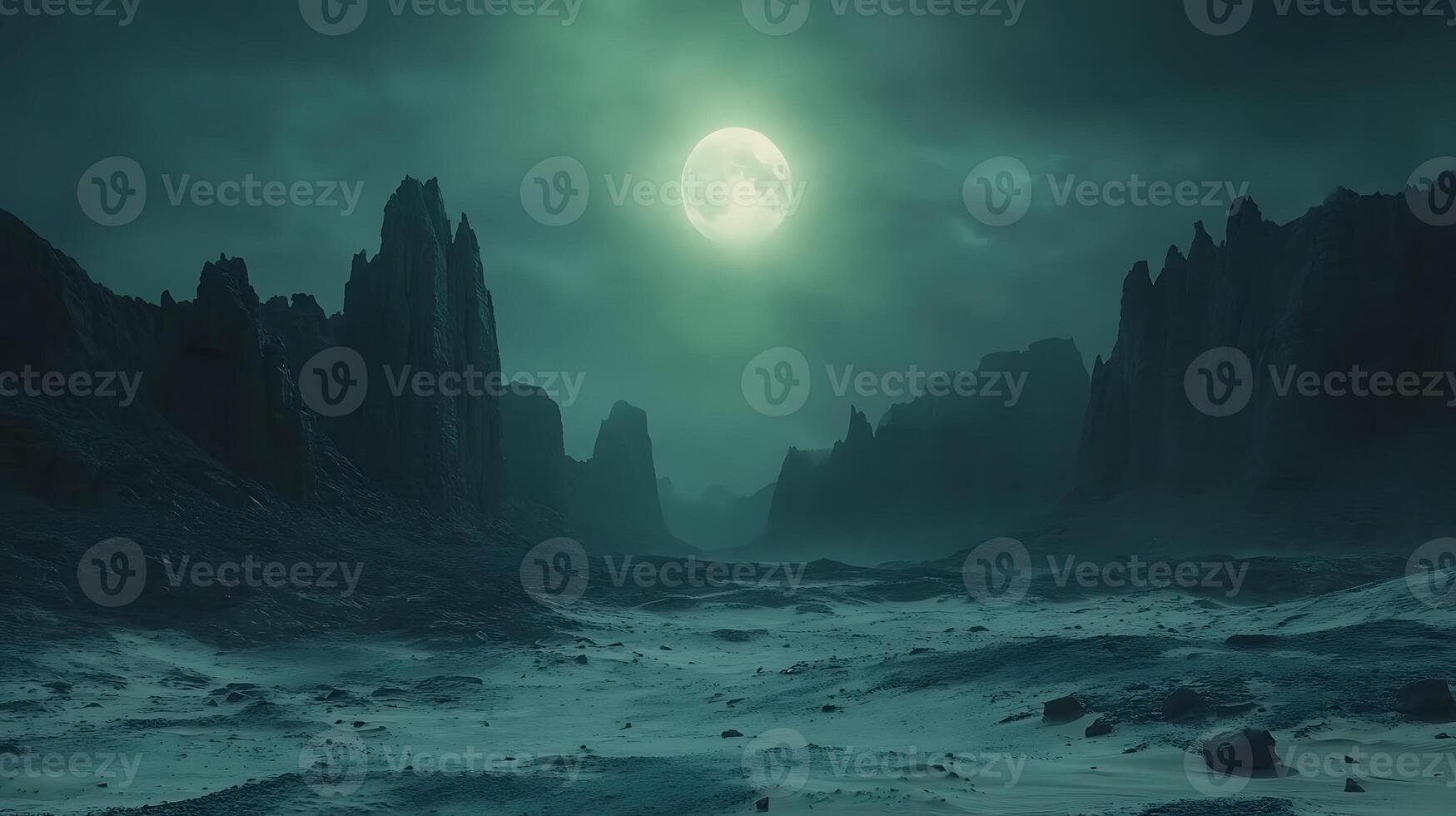 Dramatic Lunar Landscape With Jagged Mountains Under a Green-Tinged Night Sky photo
