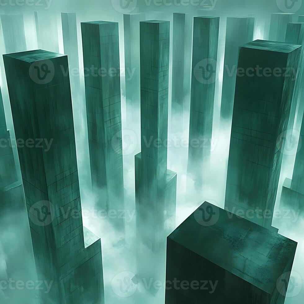 Mystical Green Towers Emerging Through Enveloping Fog in Atmospheric Scene photo