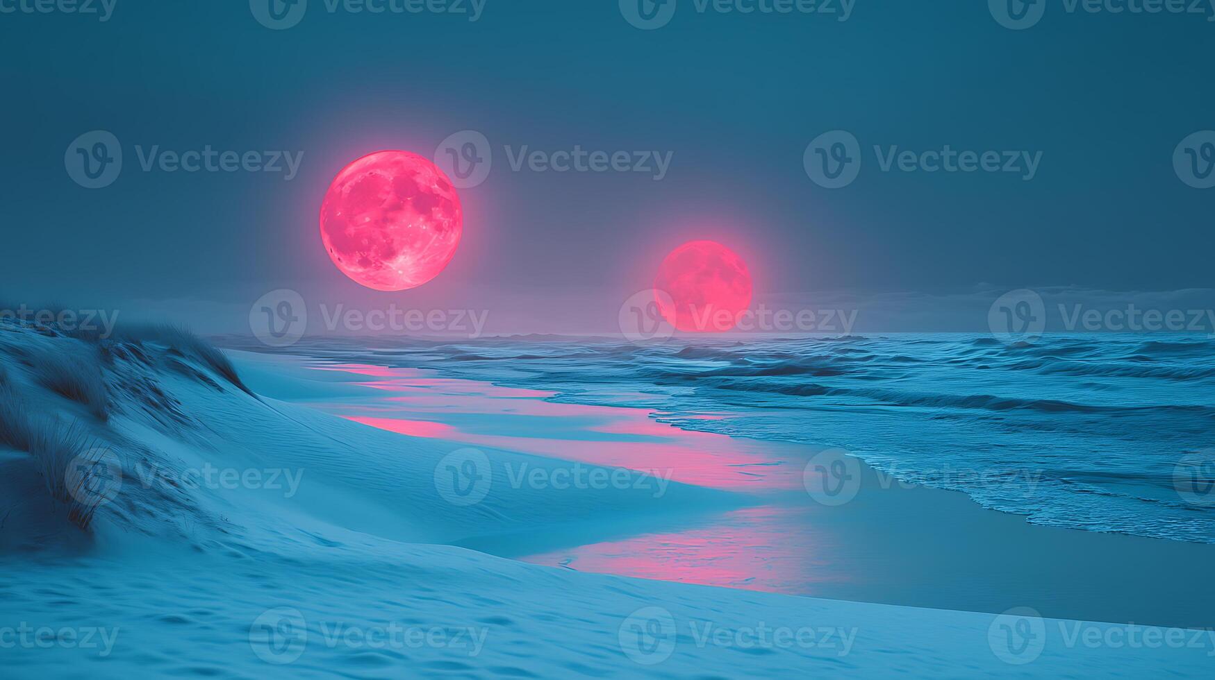 Surreal Scene of Dual Red Moons Above a Dreamlike Shoreline photo
