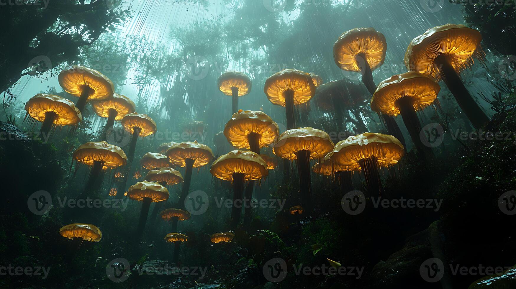Majestic Glowing Mushrooms in a Mystical Fantasy Forest Setting photo