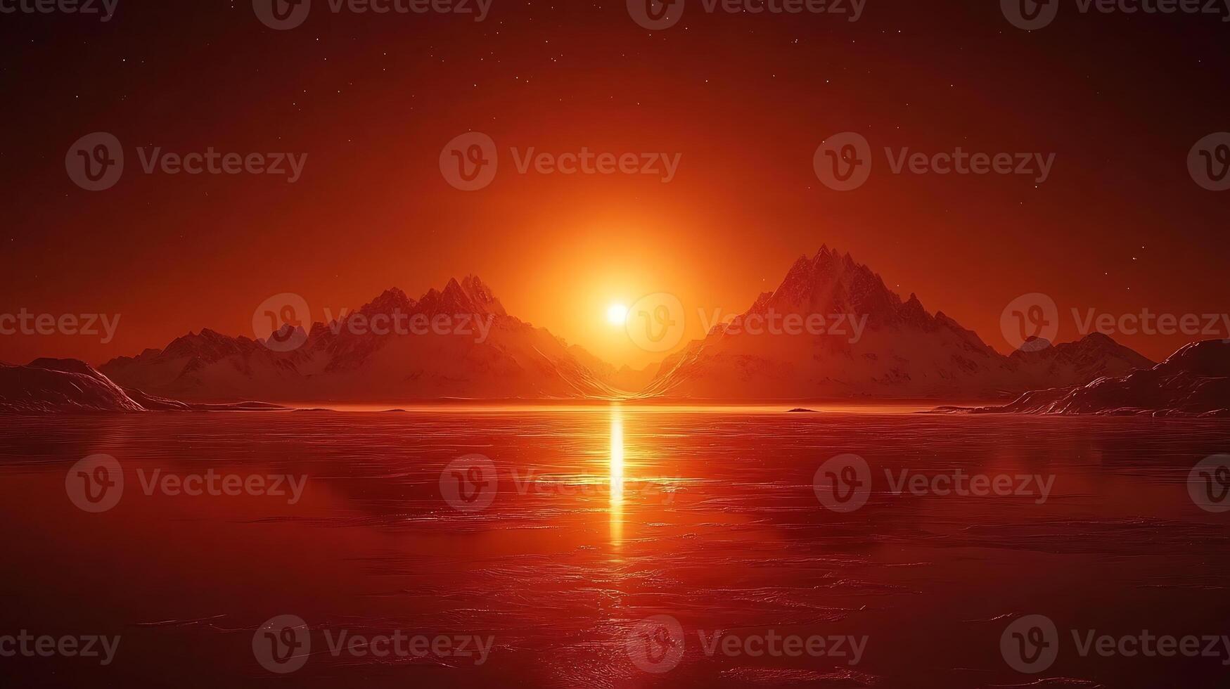 Spectacular Fiery Sunset Over Frozen Landscape with Majestic Mountains photo