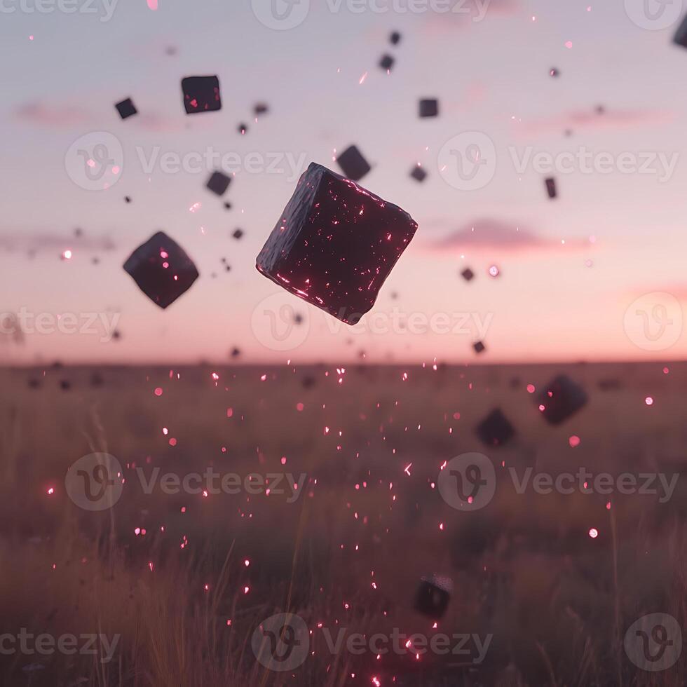 Floating Magic Cubes Amid Sparkling Lights at Sunset in Open Field photo