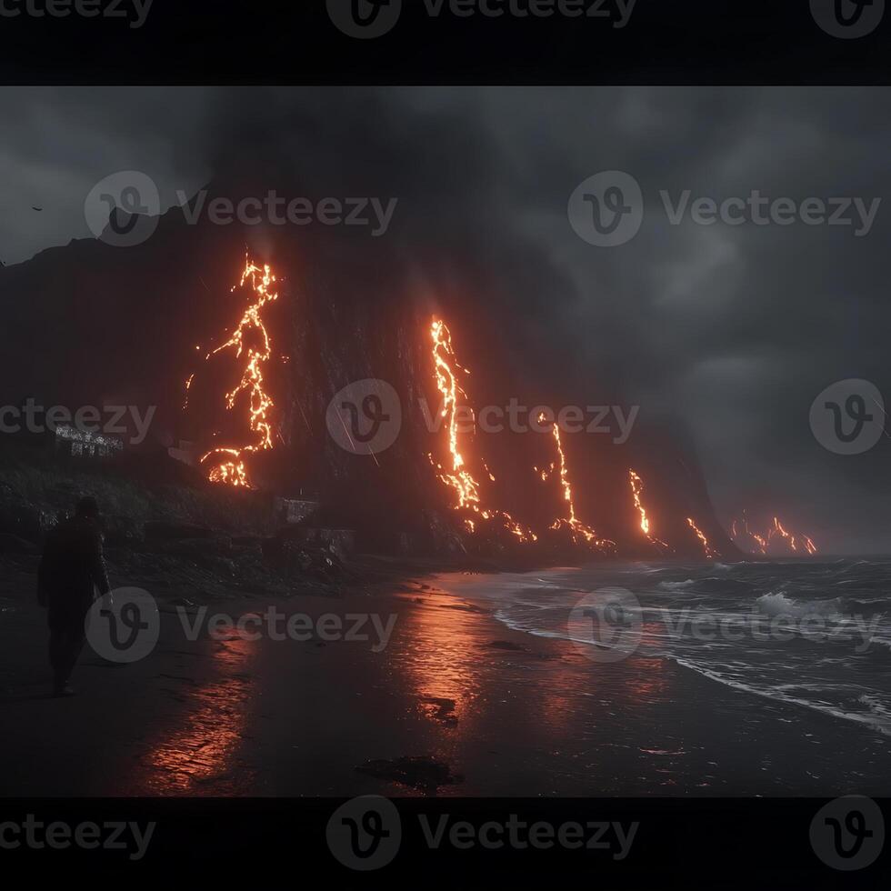 Lava Streams Flowing Down Cliff at Night Beside Ocean Shore photo