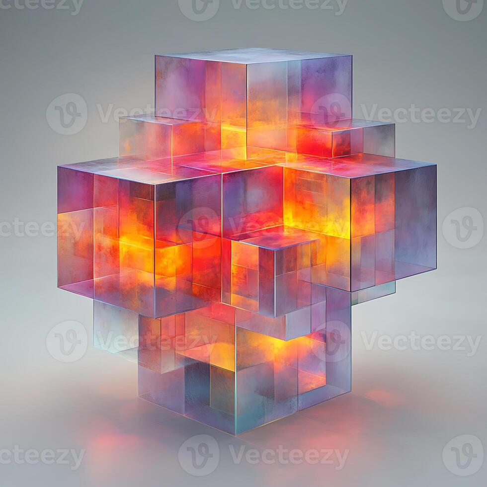 Abstract Geometric Art of Colorful Transparent Cubes with Fiery Glow photo