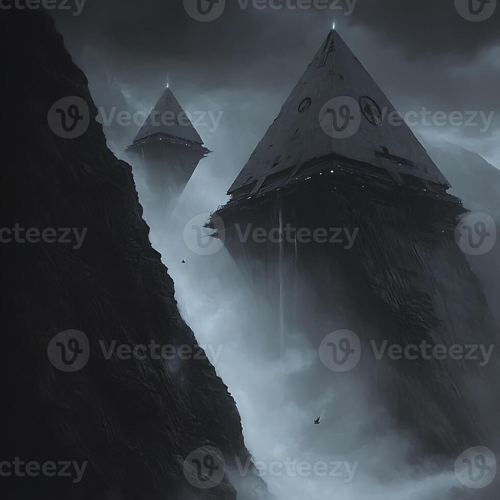 Suspenseful Floating Pyramid Structures in a Foggy Atmospheric Landscape photo