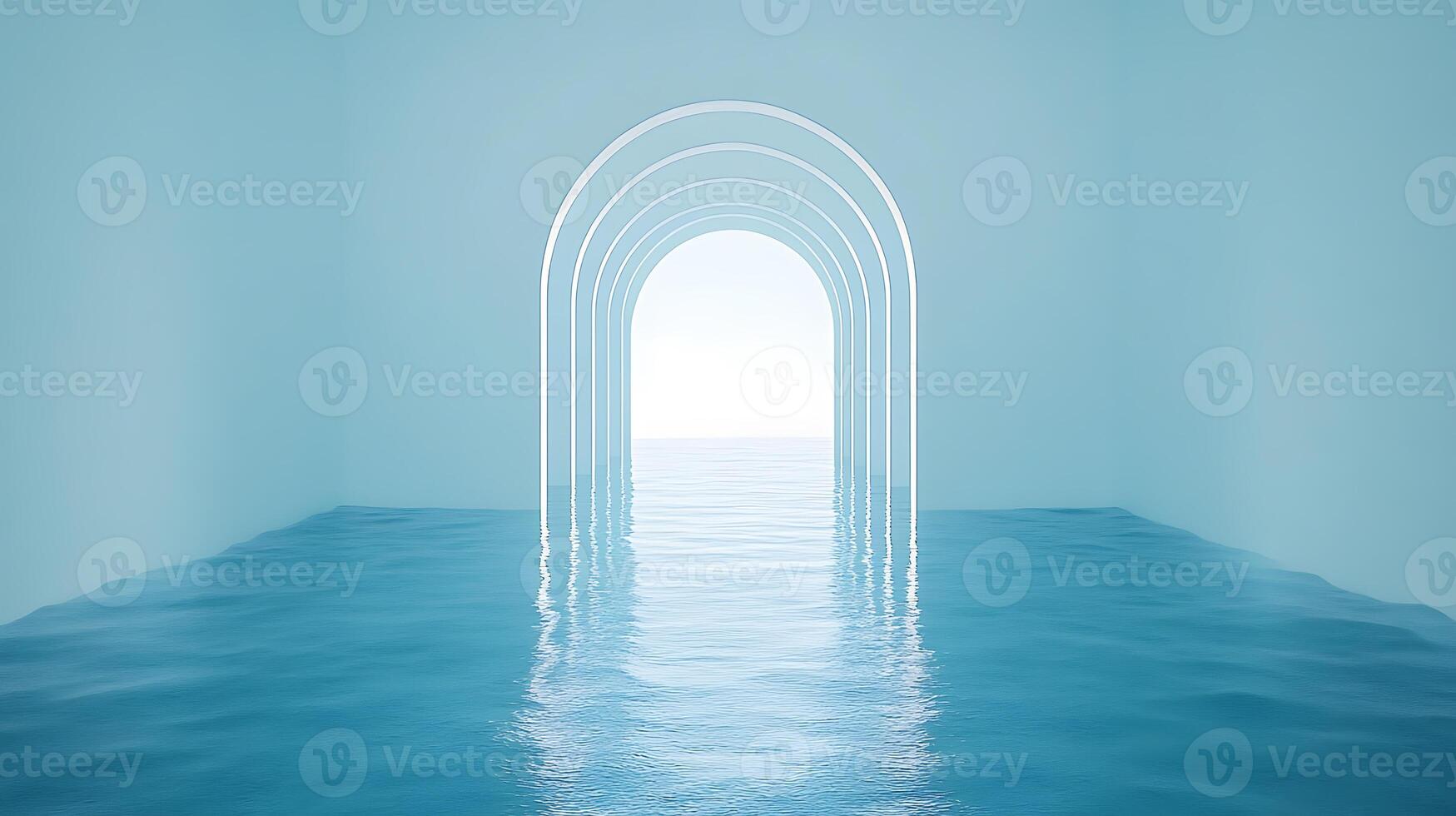 Serene Blue Archway Reflected on Calm Water in Abstract Minimalist Setting photo
