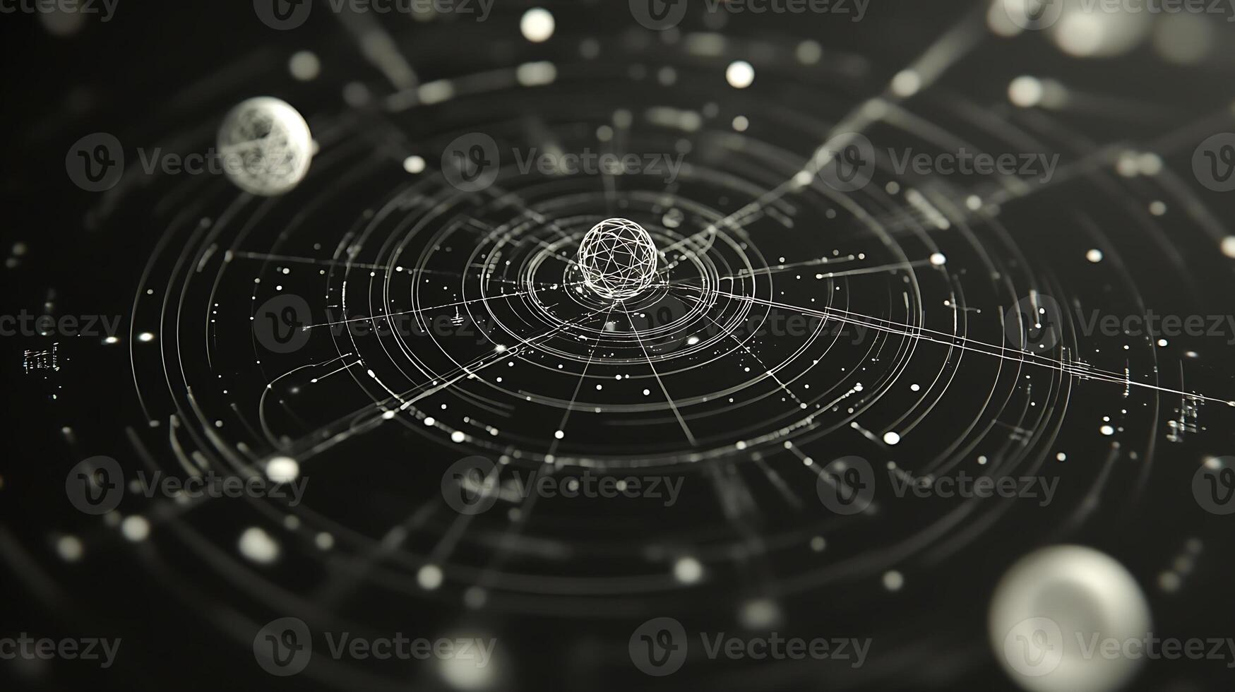 Abstract Representation of Cosmic Orbits and Spheres on Black Background photo