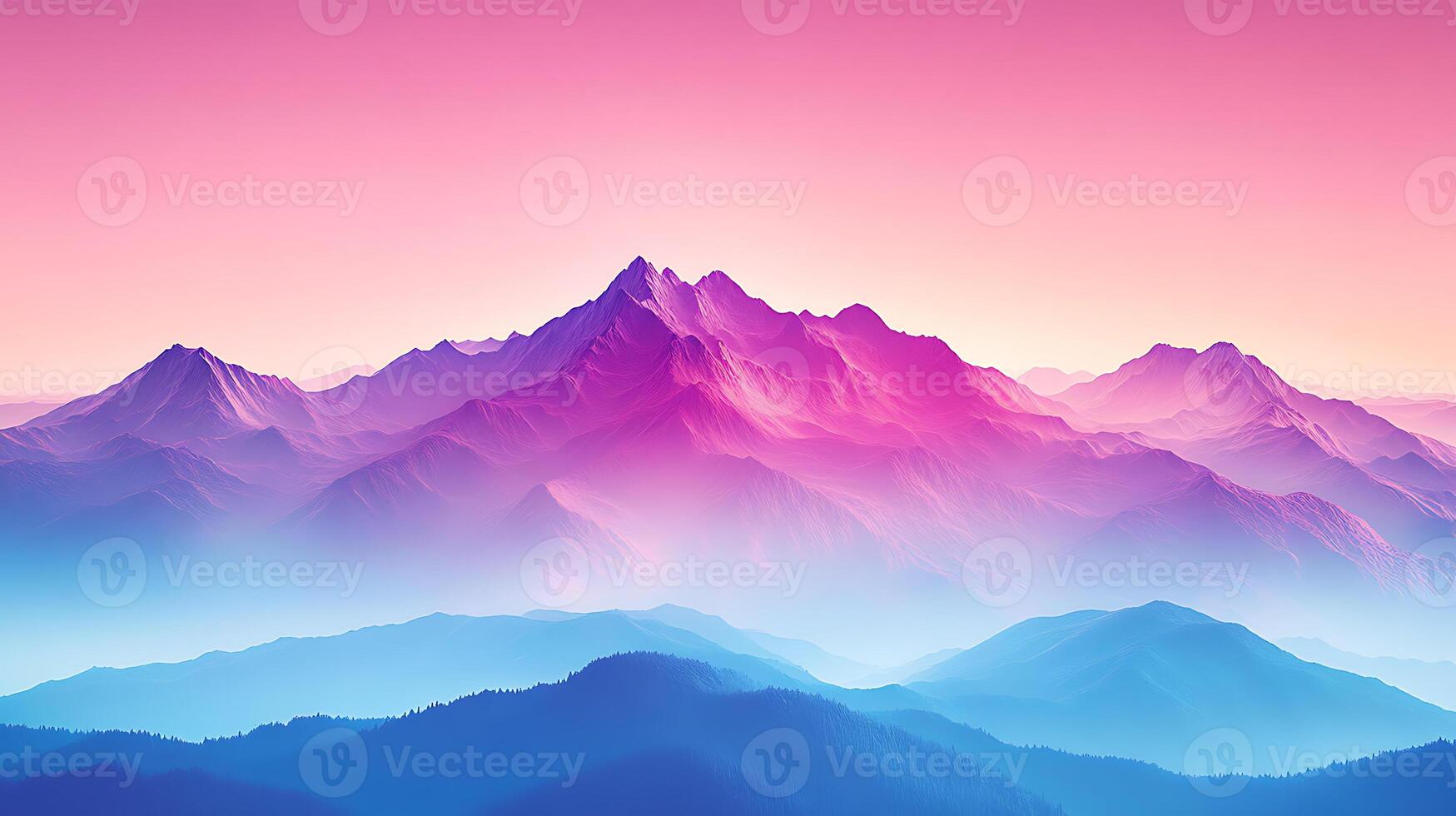 Vibrant Sunset Over a Surreal Mountain Range With Mist and Colorful Light photo