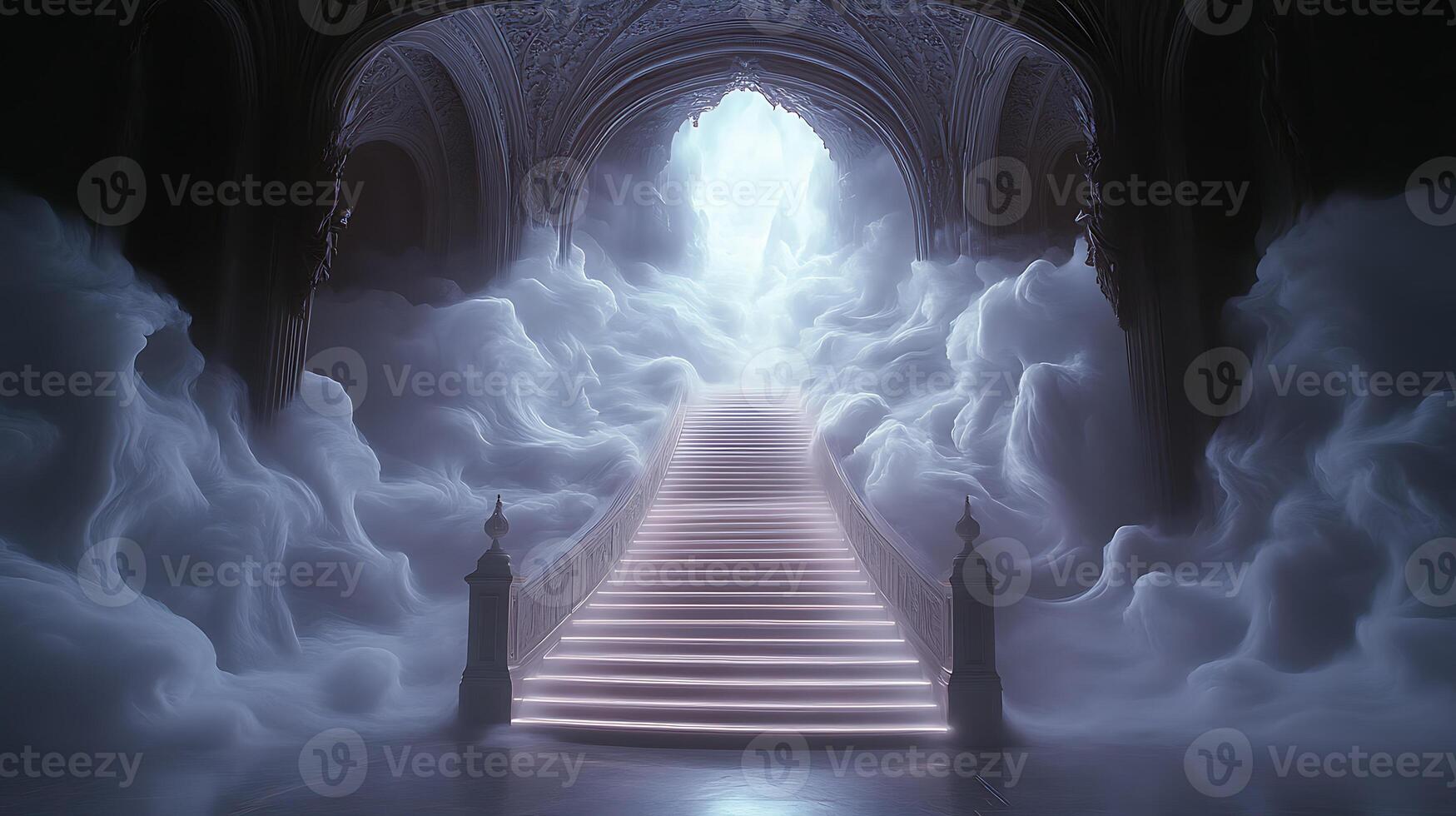 Elegant Staircase Surrounded by Ethereal Fog and Mystical Lighting photo
