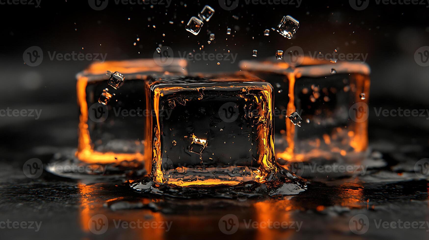 Close-Up of Melting Ice Cubes with Vibrant Orange Light photo