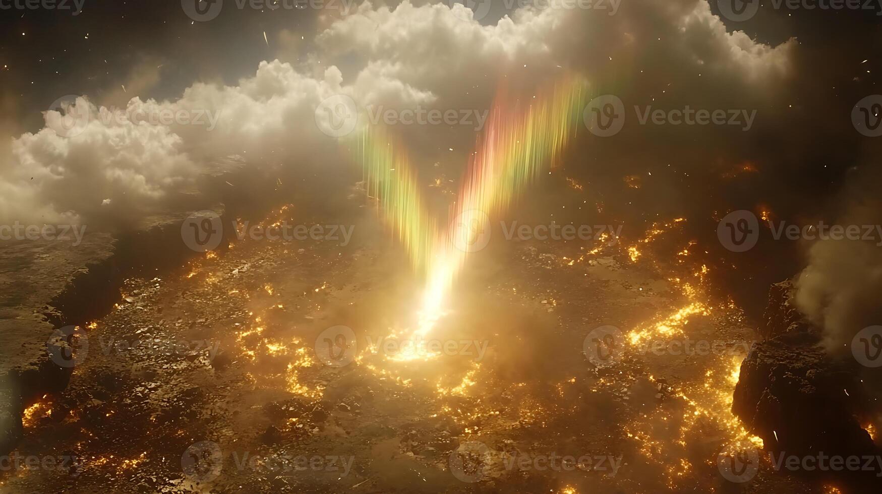 Eruption with Stunning Light Beam Amid Volcanic Landscape and Thick Clouds photo