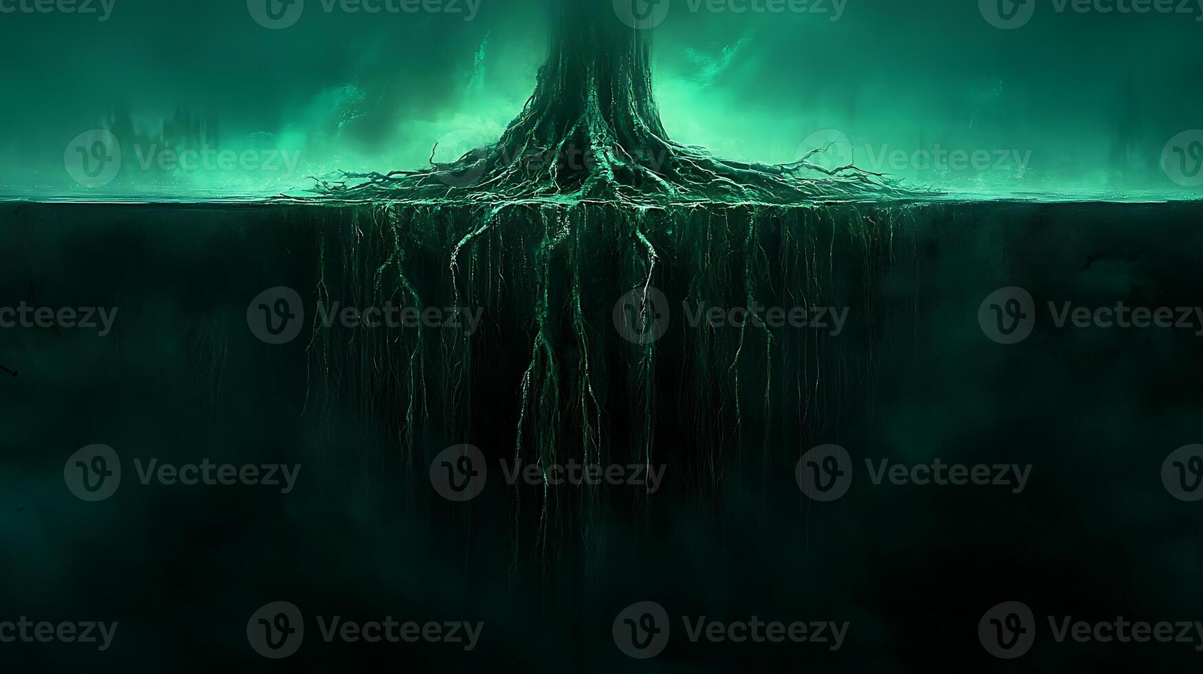 Serene Tree With Expansive Roots Amid Mystical Foggy Landscape photo
