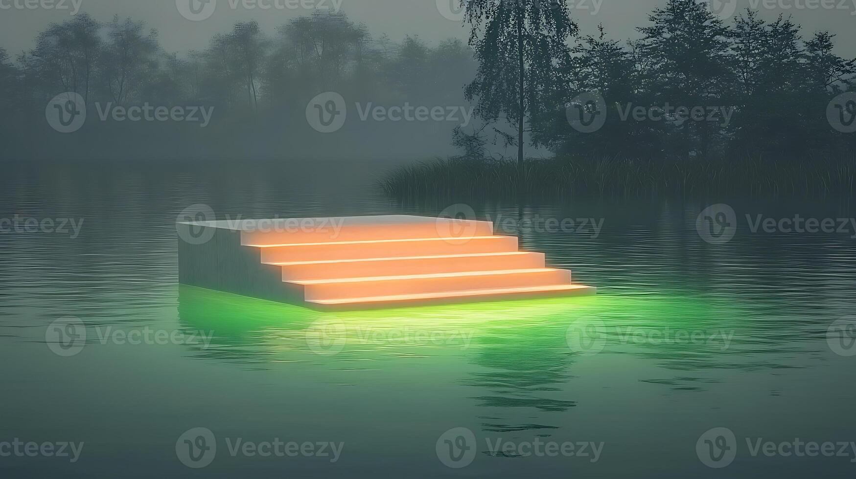 Illuminated Staircase Structure Floating on Misty Water in Tranquil Foggy Landscape photo