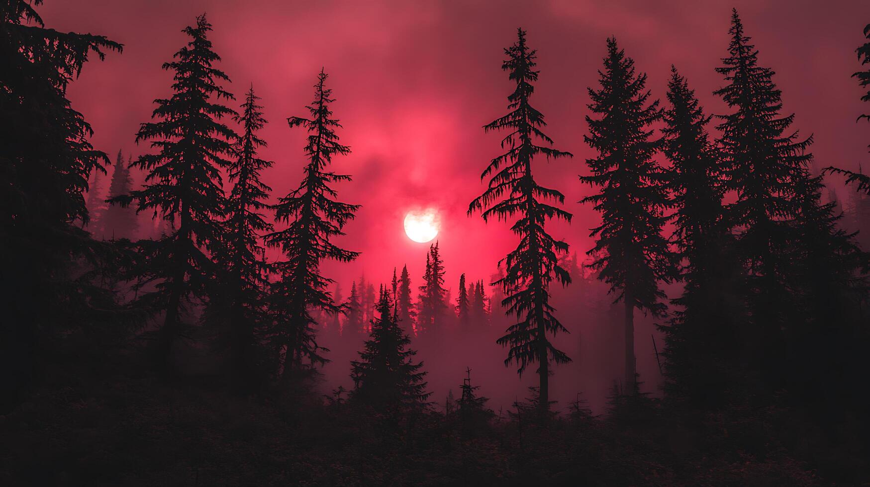 Stunning Red Sunset Behind Towering Forest Trees in Dense Fog photo