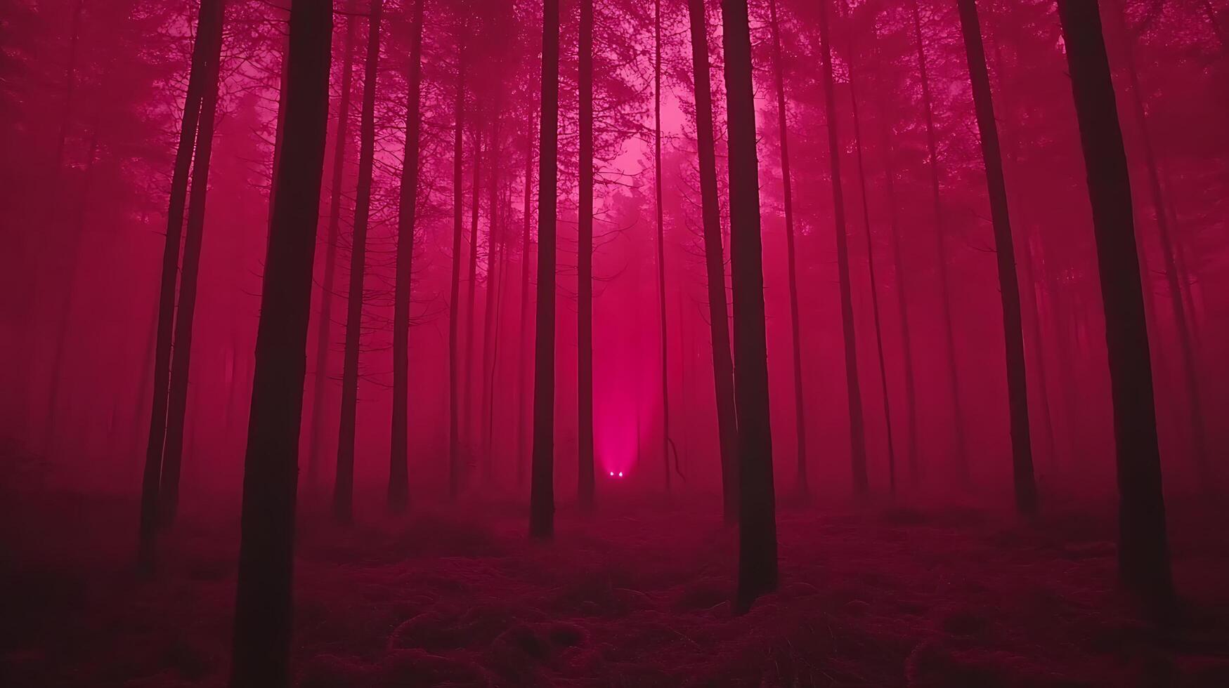 Enigmatic Forest Glow Amid Towering Trees in an Eerie Red Light photo