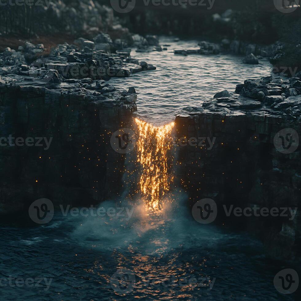 Illuminated Fiery Waterfall Flowing Over a Cliff at Twilight photo
