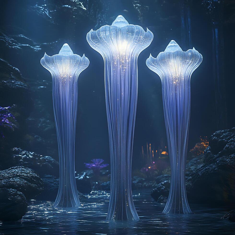 Captivating Luminescent Towering Shapes in an Enchanting Subterranean Setting photo