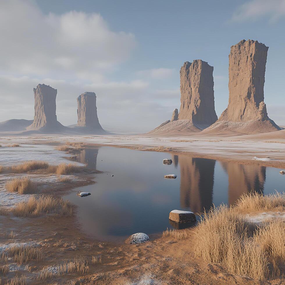 Majestic Desert Landscape with Tall Rock Formations and Reflective Water Body photo