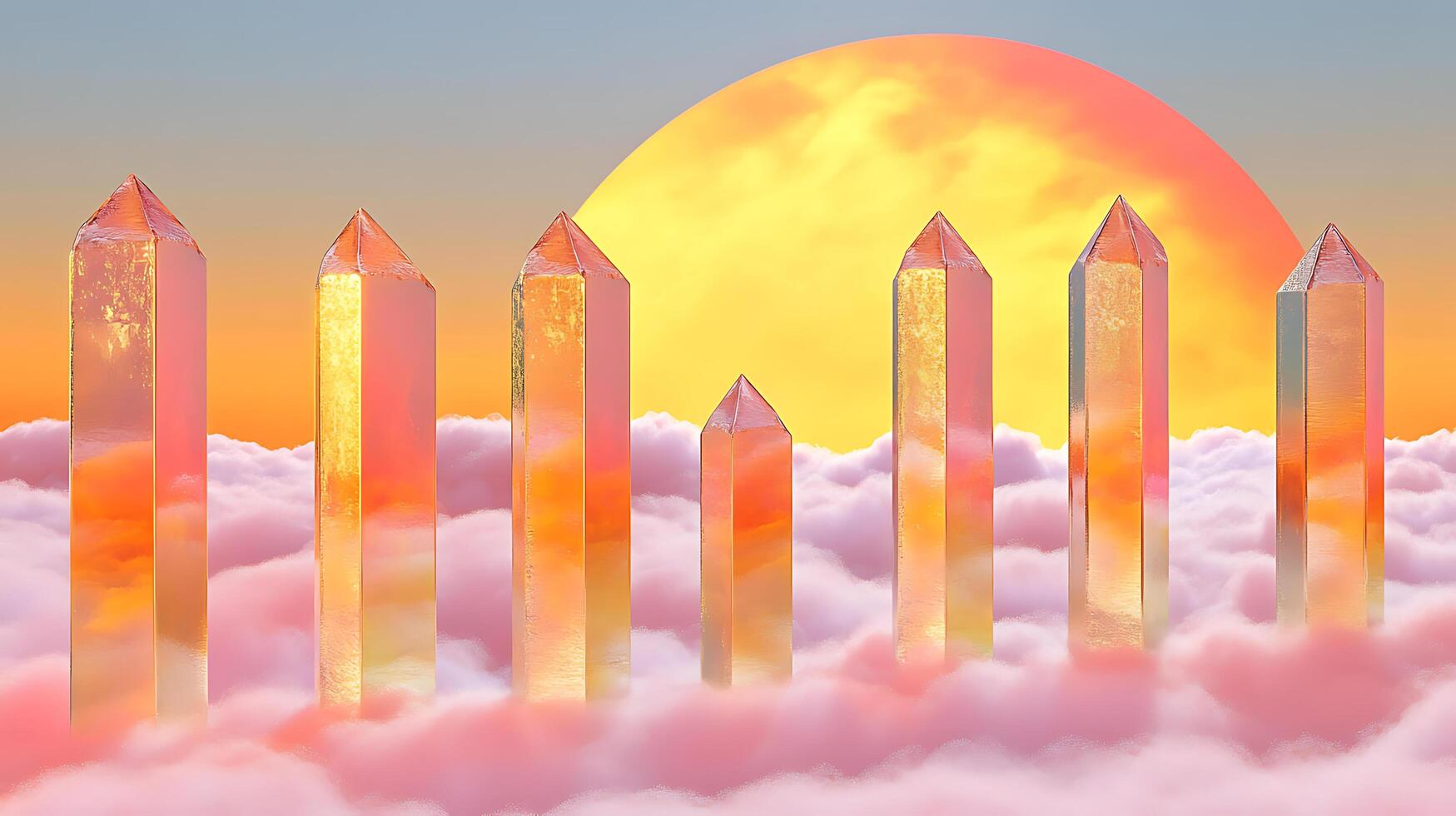 Towering Crystal Monoliths Beneath a Glowing Sunset Over Colorful Clouds photo